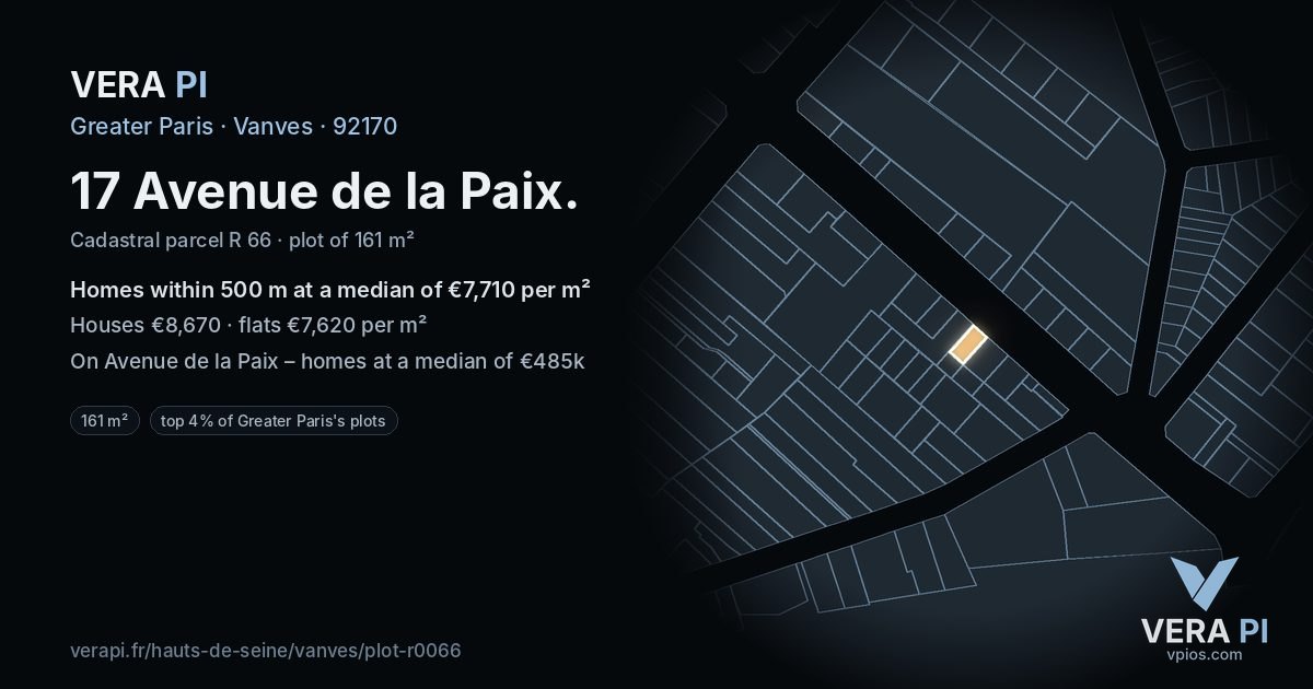 17 Avenue de la Paix, Vanves at night – the plot lit, the parcels around coloured by the prices near them