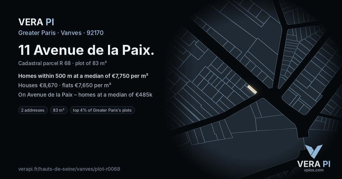 11 Avenue de la Paix, Vanves at night – the plot lit, the parcels around coloured by the prices near them