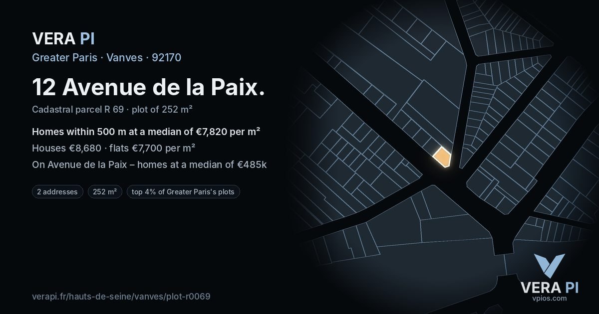 12 Avenue de la Paix, Vanves at night – the plot lit, the parcels around coloured by the prices near them