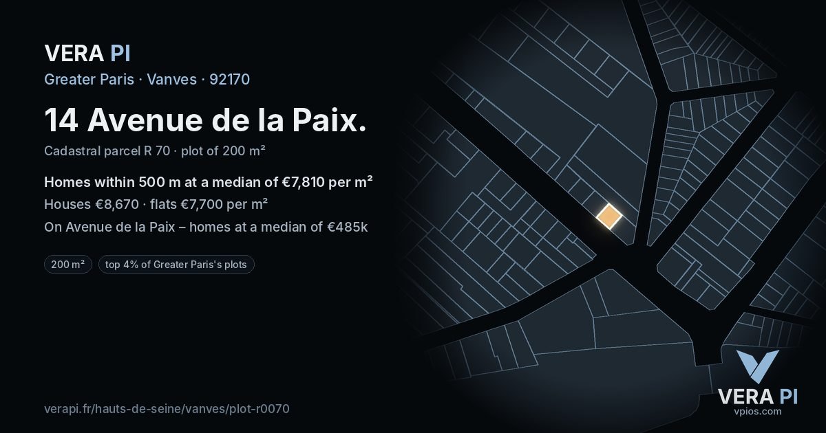 14 Avenue de la Paix, Vanves at night – the plot lit, the parcels around coloured by the prices near them
