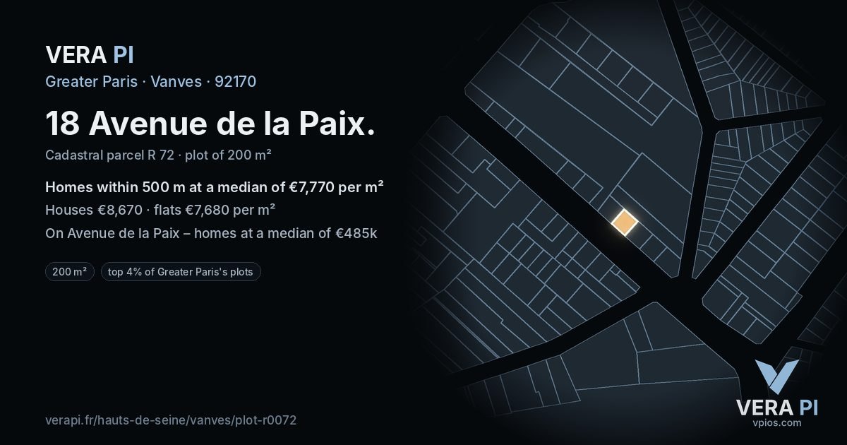 18 Avenue de la Paix, Vanves at night – the plot lit, the parcels around coloured by the prices near them
