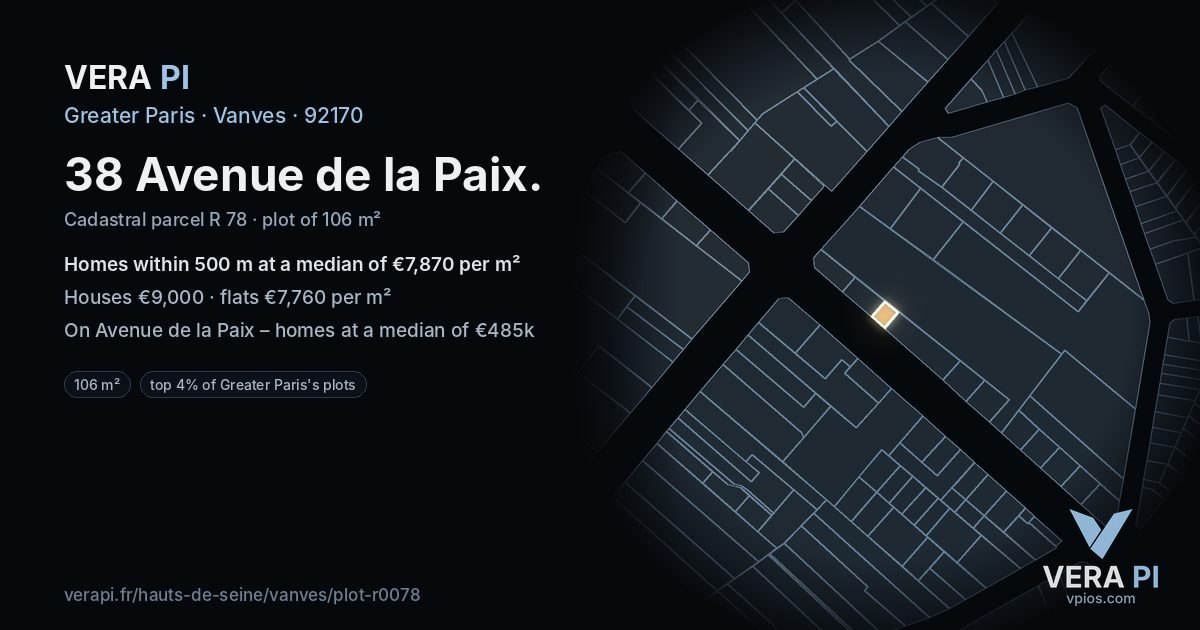 38 Avenue de la Paix, Vanves at night – the plot lit, the parcels around coloured by the prices near them
