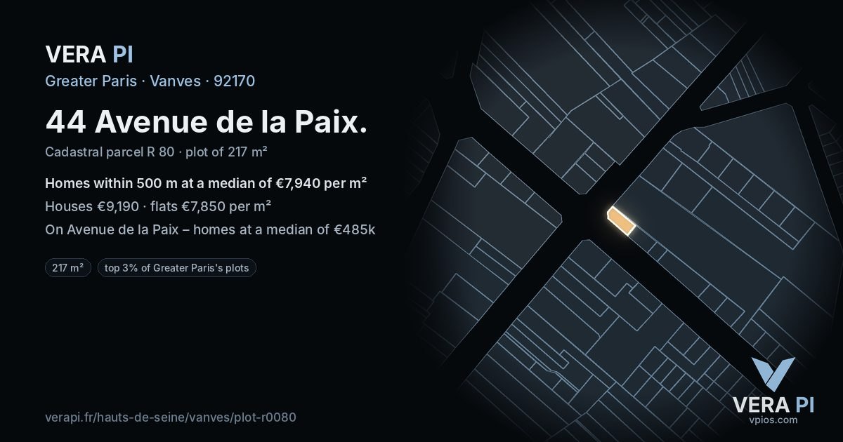 44 Avenue de la Paix, Vanves at night – the plot lit, the parcels around coloured by the prices near them