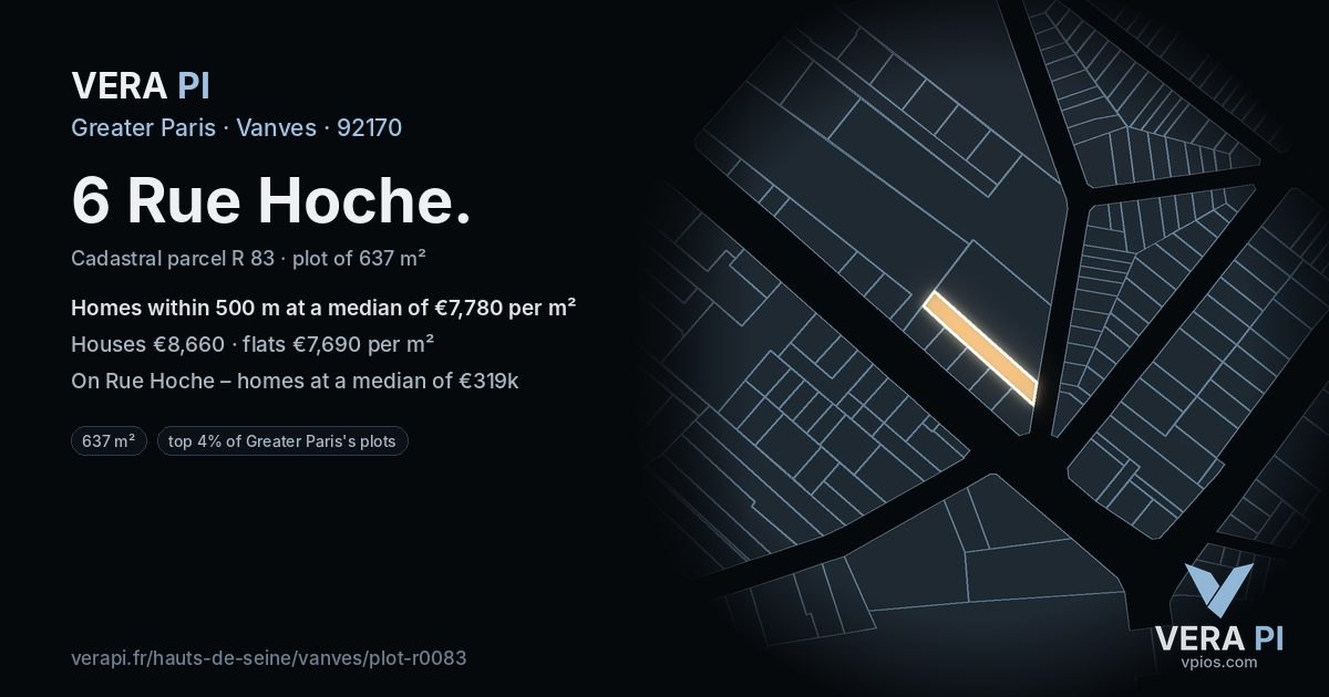 6 Rue Hoche, Vanves at night – the plot lit, the parcels around coloured by the prices near them