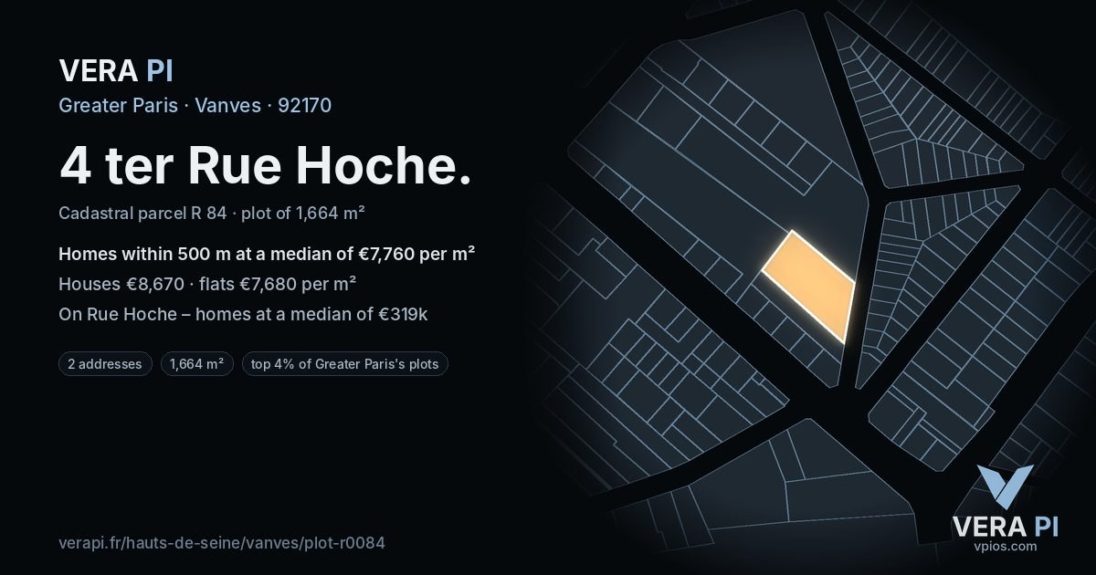 4 ter Rue Hoche, Vanves at night – the plot lit, the parcels around coloured by the prices near them