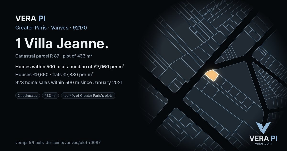 1 Villa Jeanne, Vanves at night – the plot lit, the parcels around coloured by the prices near them