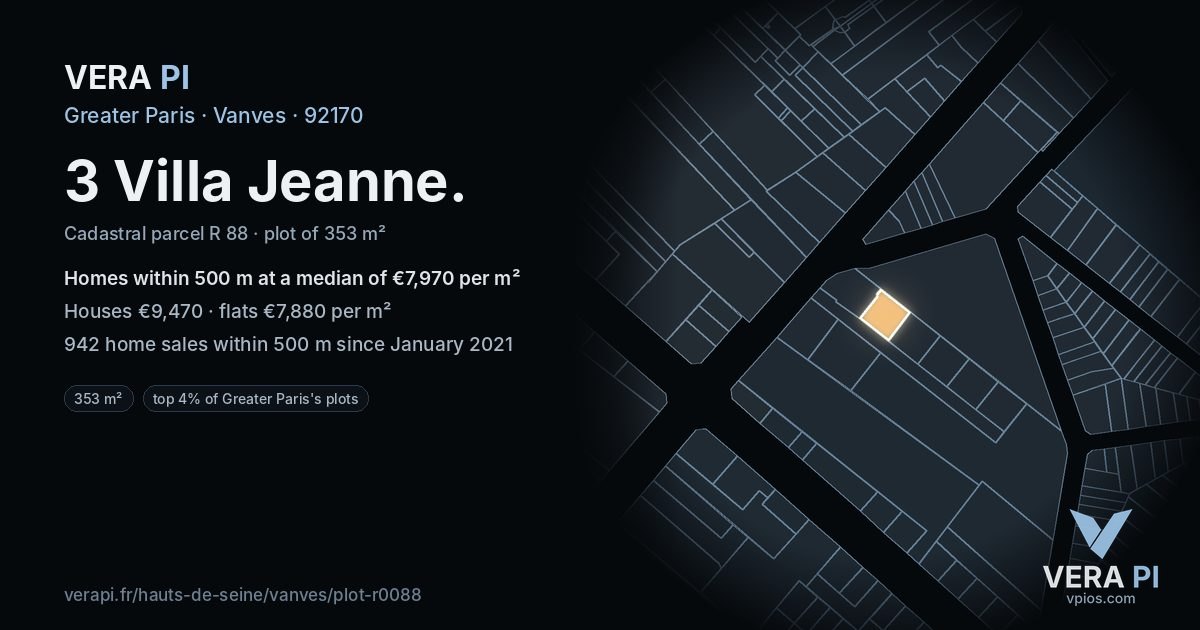 3 Villa Jeanne, Vanves at night – the plot lit, the parcels around coloured by the prices near them