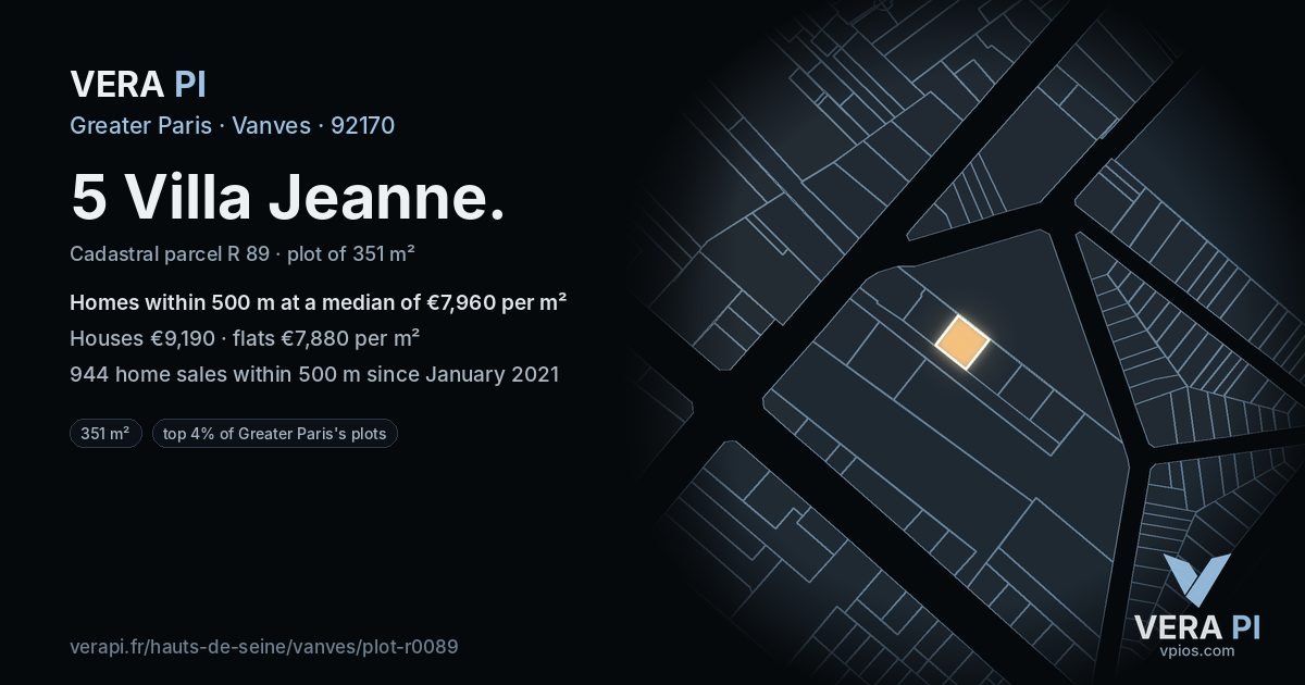5 Villa Jeanne, Vanves at night – the plot lit, the parcels around coloured by the prices near them