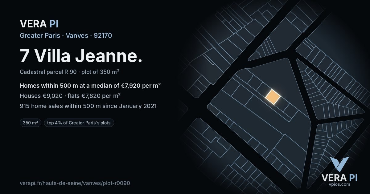 7 Villa Jeanne, Vanves at night – the plot lit, the parcels around coloured by the prices near them