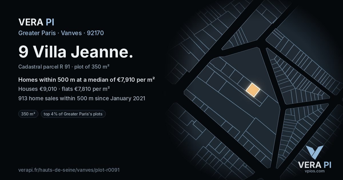 9 Villa Jeanne, Vanves at night – the plot lit, the parcels around coloured by the prices near them