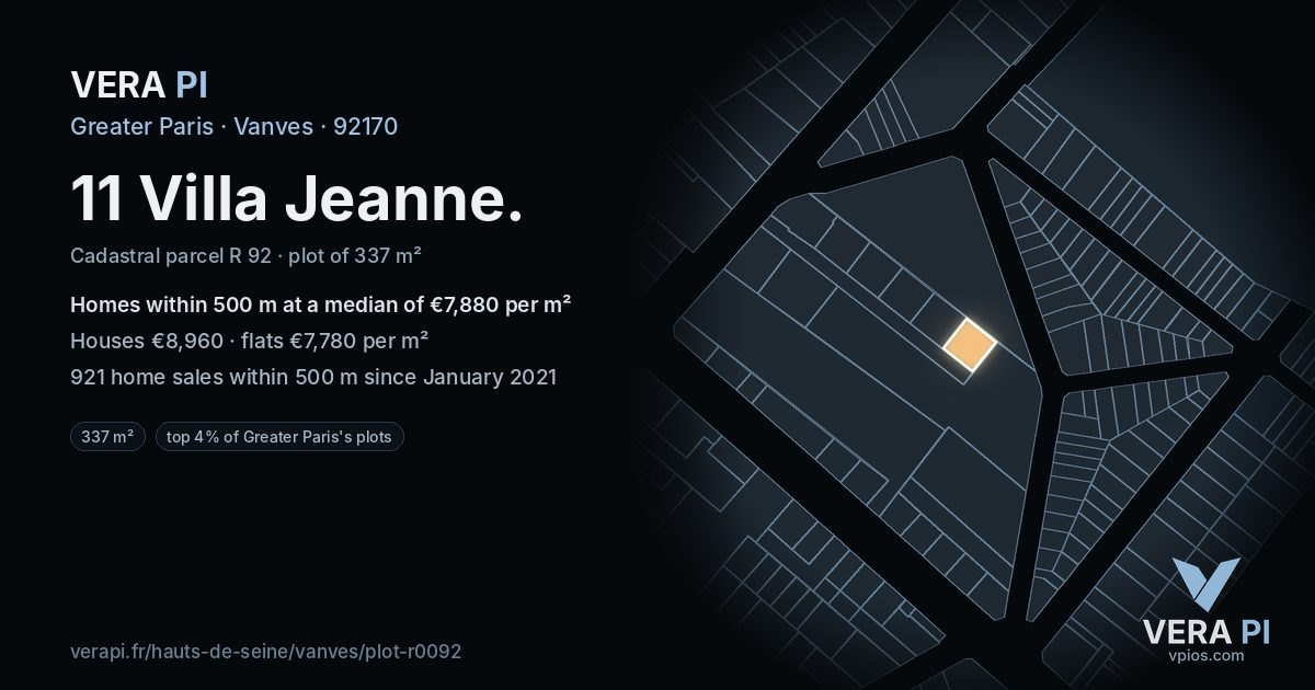 11 Villa Jeanne, Vanves at night – the plot lit, the parcels around coloured by the prices near them