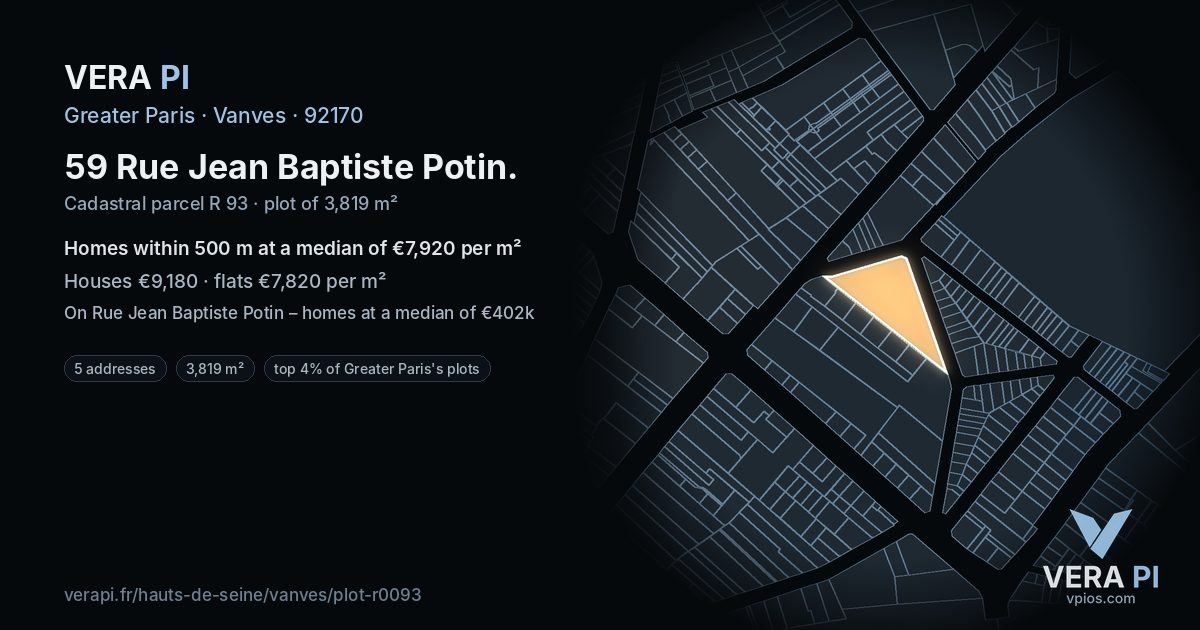 59 Rue Jean Baptiste Potin, Vanves at night – the plot lit, the parcels around coloured by the prices near them