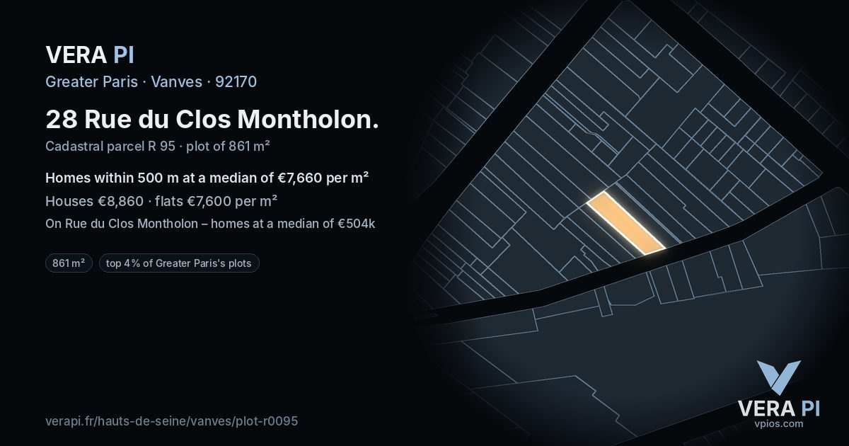 28 Rue du Clos Montholon, Vanves at night – the plot lit, the parcels around coloured by the prices near them
