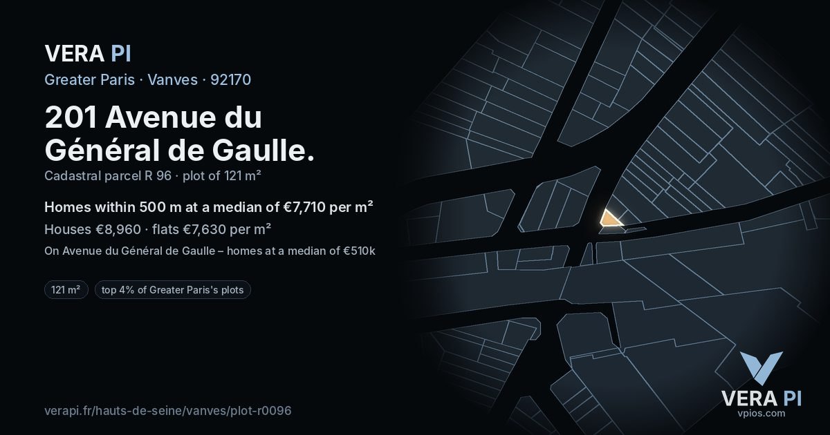 201 Avenue du Général de Gaulle, Vanves at night – the plot lit, the parcels around coloured by the prices near them