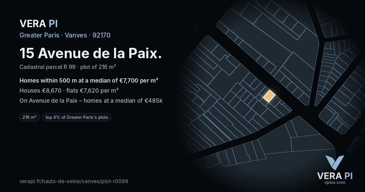 15 Avenue de la Paix, Vanves at night – the plot lit, the parcels around coloured by the prices near them