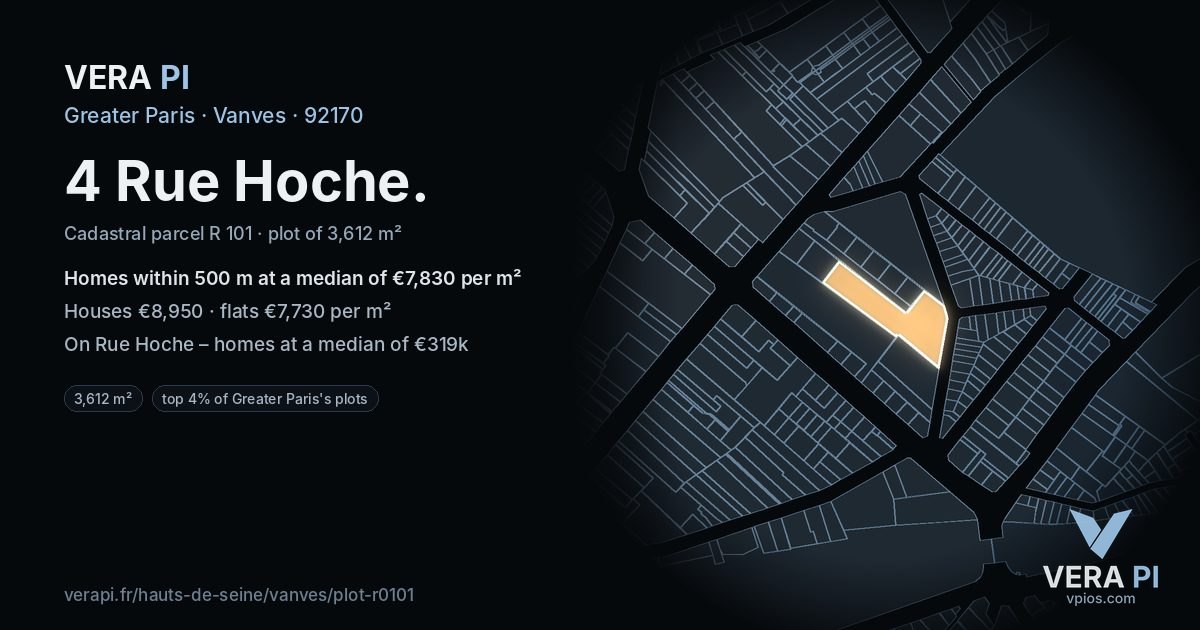 4 Rue Hoche, Vanves at night – the plot lit, the parcels around coloured by the prices near them