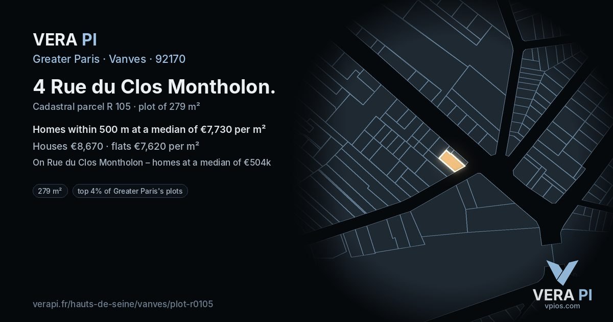 4 Rue du Clos Montholon, Vanves at night – the plot lit, the parcels around coloured by the prices near them
