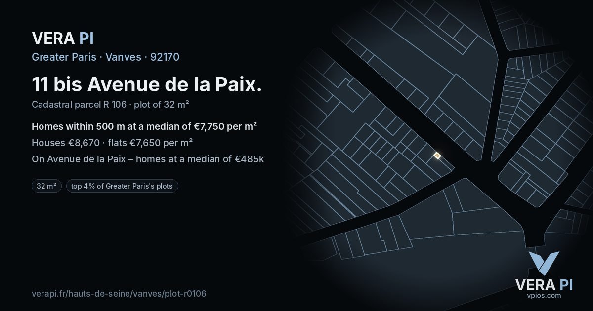 11 bis Avenue de la Paix, Vanves at night – the plot lit, the parcels around coloured by the prices near them