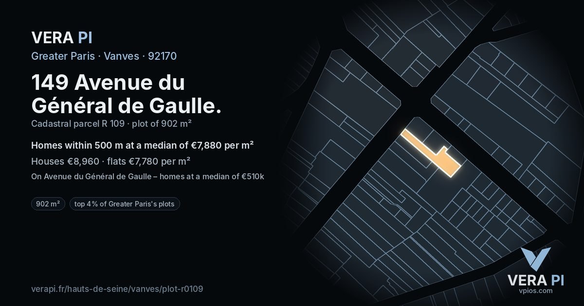 149 Avenue du Général de Gaulle, Vanves at night – the plot lit, the parcels around coloured by the prices near them