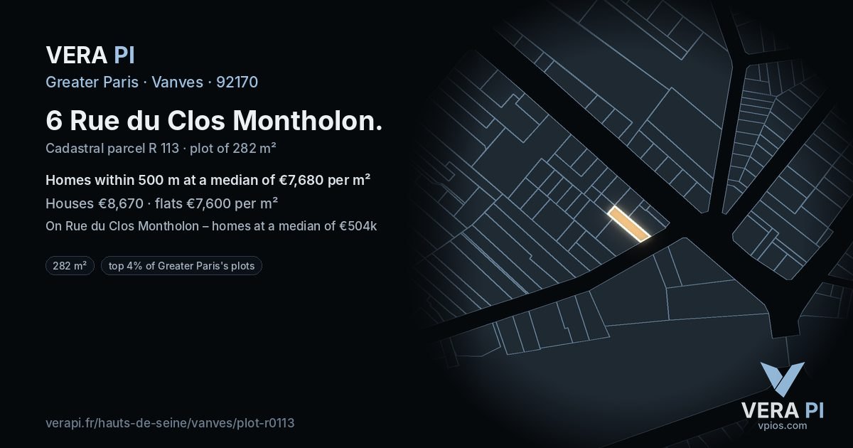 6 Rue du Clos Montholon, Vanves at night – the plot lit, the parcels around coloured by the prices near them