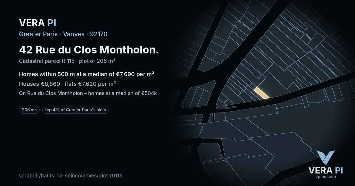 42 Rue du Clos Montholon, Vanves at night – the plot lit, the parcels around coloured by the prices near them