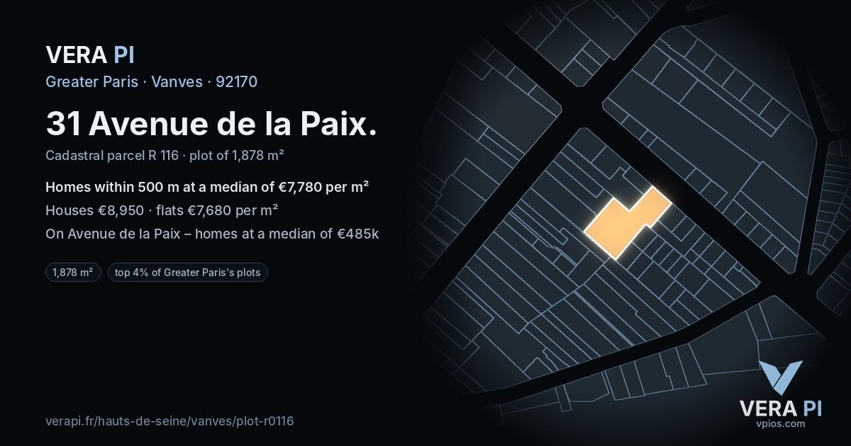 31 Avenue de la Paix, Vanves at night – the plot lit, the parcels around coloured by the prices near them