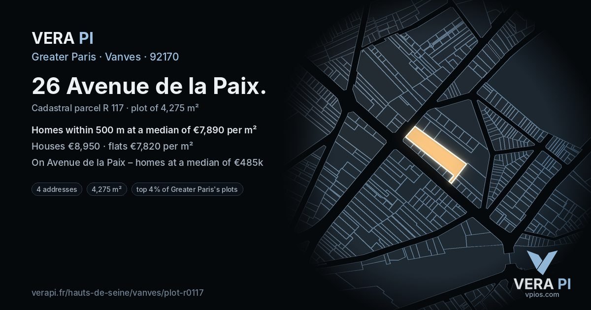 26 Avenue de la Paix, Vanves at night – the plot lit, the parcels around coloured by the prices near them