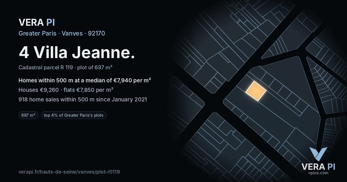 4 Villa Jeanne, Vanves at night – the plot lit, the parcels around coloured by the prices near them