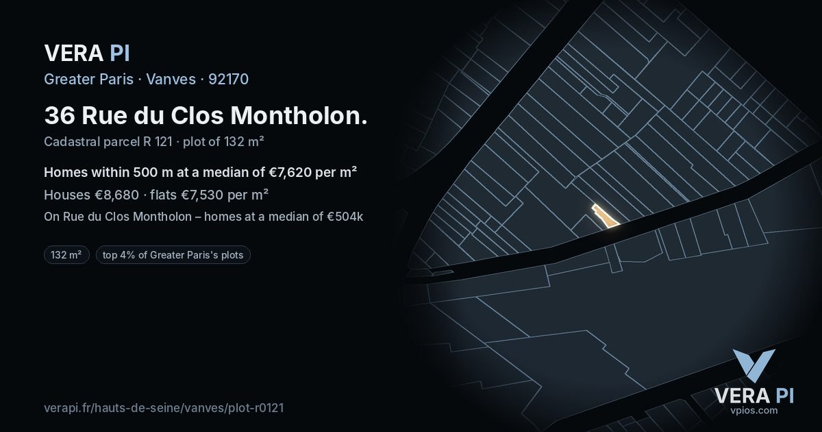 36 Rue du Clos Montholon, Vanves at night – the plot lit, the parcels around coloured by the prices near them