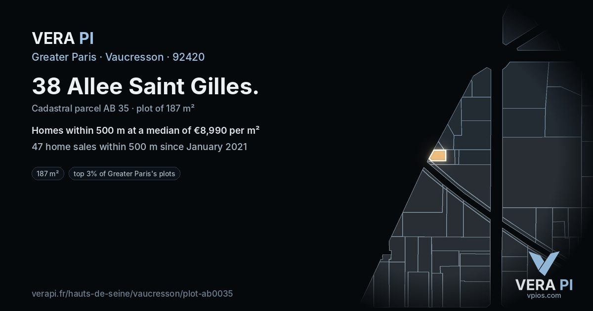 38 Allee Saint Gilles, Vaucresson at night – the plot lit, the parcels around coloured by the prices near them