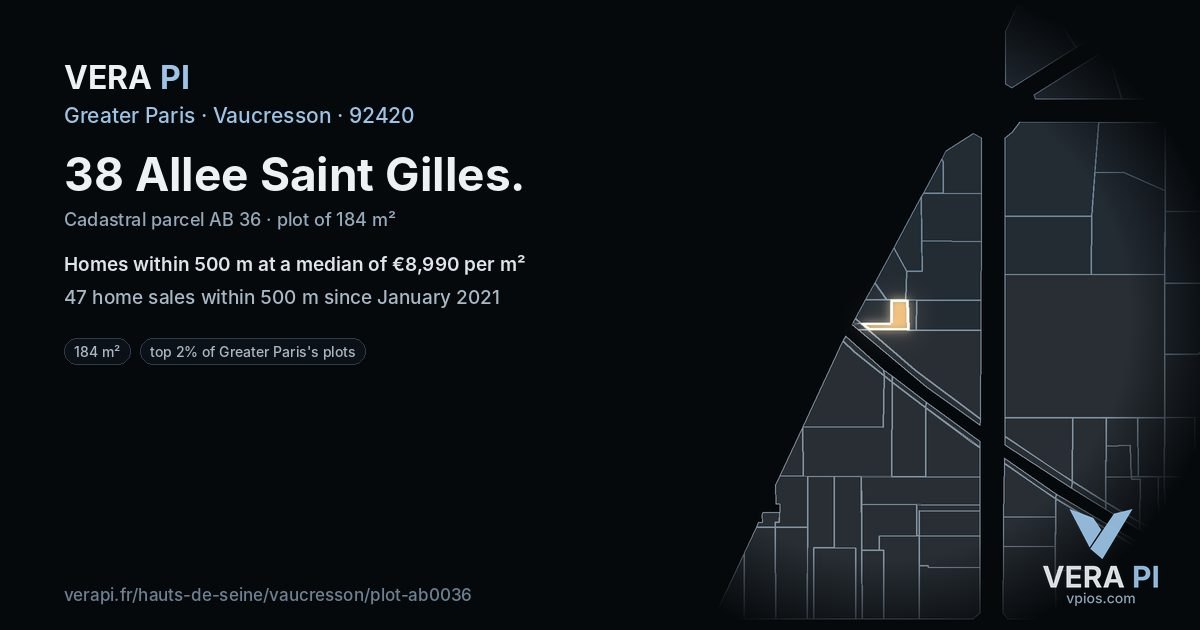 38 Allee Saint Gilles, Vaucresson at night – the plot lit, the parcels around coloured by the prices near them