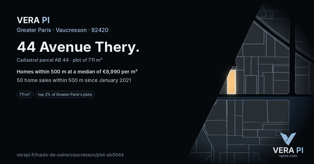 44 Avenue Thery, Vaucresson at night – the plot lit, the parcels around coloured by the prices near them