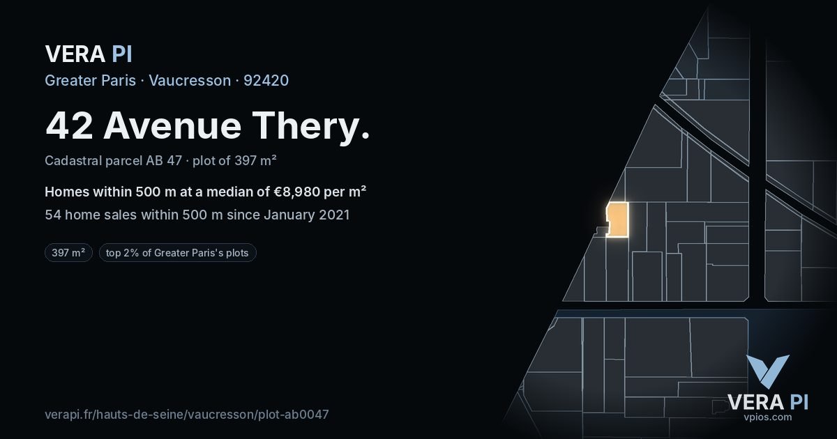 42 Avenue Thery, Vaucresson at night – the plot lit, the parcels around coloured by the prices near them
