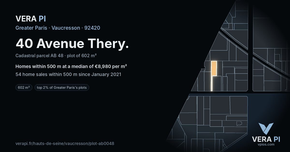 40 Avenue Thery, Vaucresson at night – the plot lit, the parcels around coloured by the prices near them