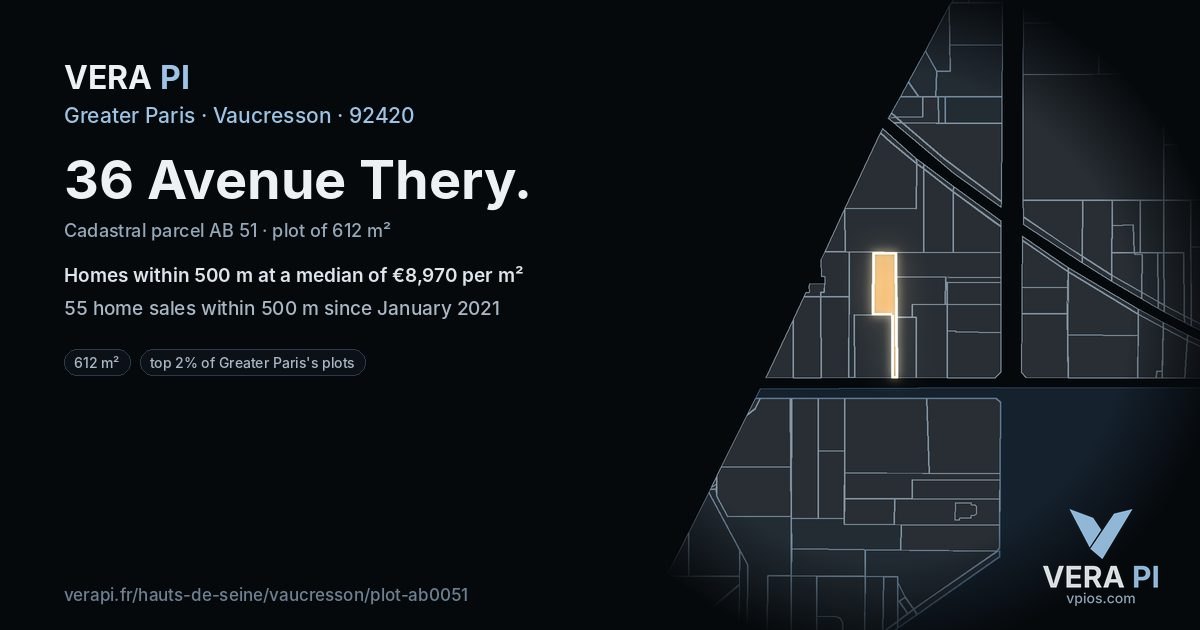 36 Avenue Thery, Vaucresson at night – the plot lit, the parcels around coloured by the prices near them
