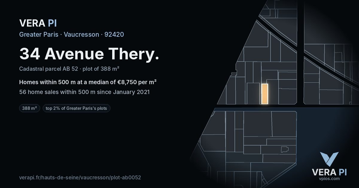 34 Avenue Thery, Vaucresson at night – the plot lit, the parcels around coloured by the prices near them