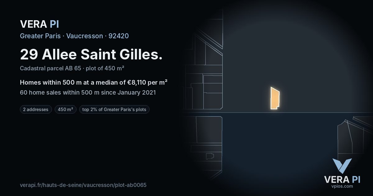 29 Allee Saint Gilles, Vaucresson at night – the plot lit, the parcels around coloured by the prices near them