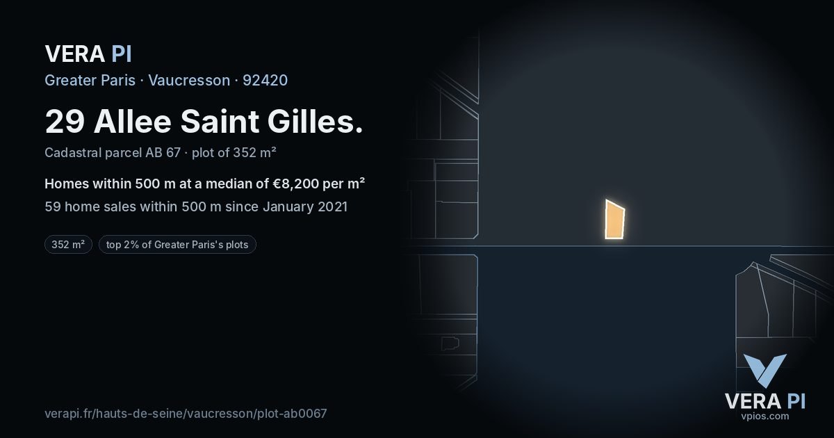 29 Allee Saint Gilles, Vaucresson at night – the plot lit, the parcels around coloured by the prices near them
