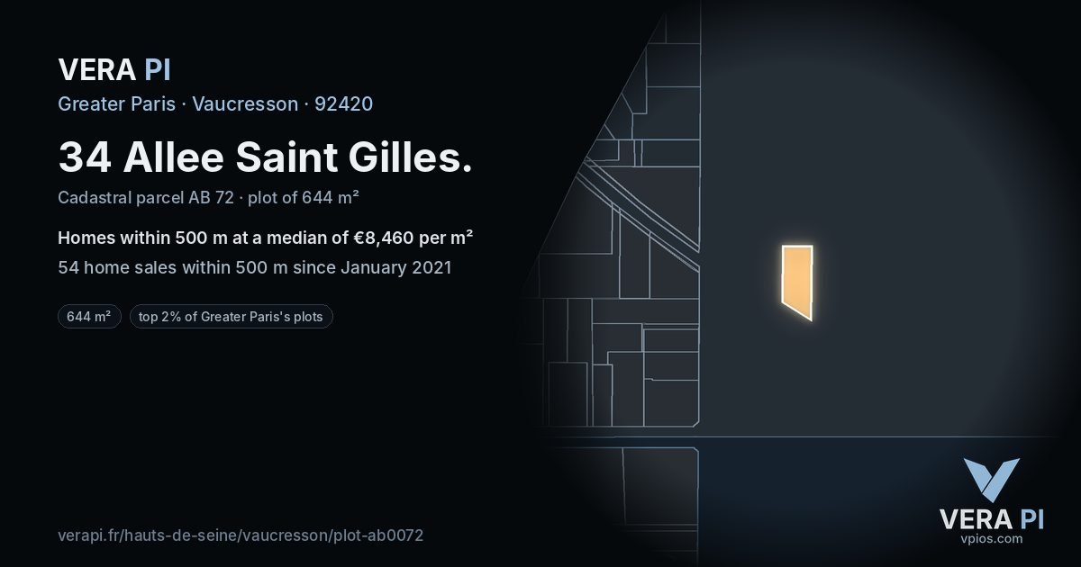 34 Allee Saint Gilles, Vaucresson at night – the plot lit, the parcels around coloured by the prices near them