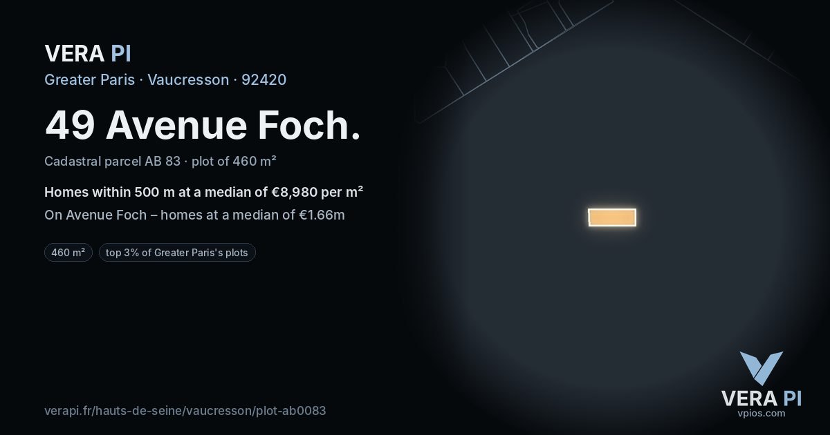 49 Avenue Foch, Vaucresson at night – the plot lit, the parcels around coloured by the prices near them