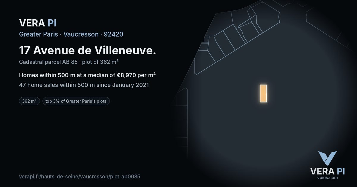 17 Avenue de Villeneuve, Vaucresson at night – the plot lit, the parcels around coloured by the prices near them