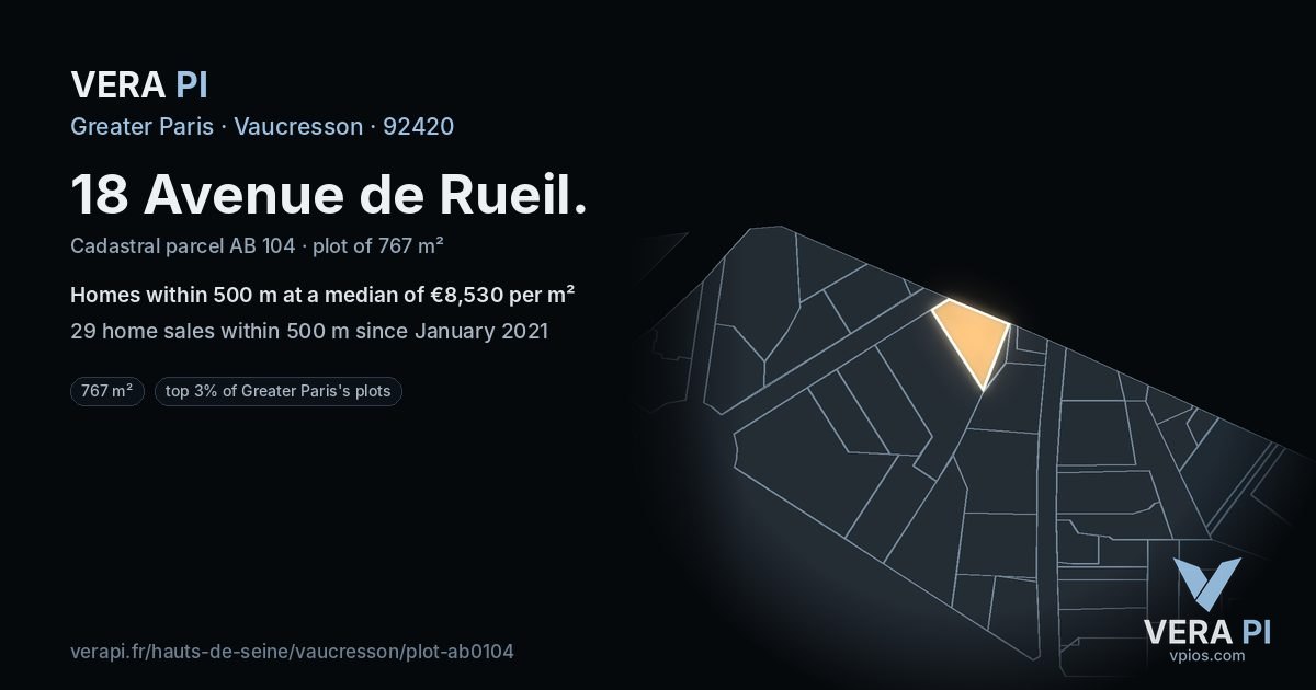 18 Avenue de Rueil, Vaucresson at night – the plot lit, the parcels around coloured by the prices near them