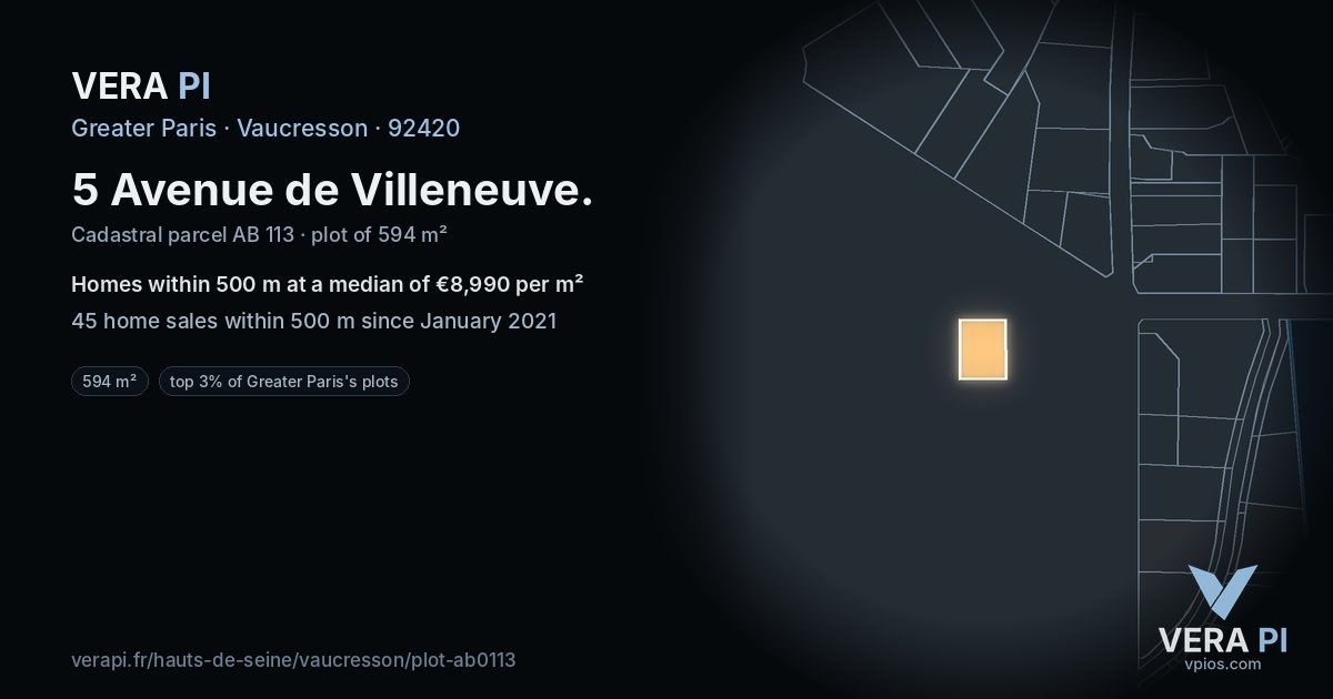 5 Avenue de Villeneuve, Vaucresson at night – the plot lit, the parcels around coloured by the prices near them