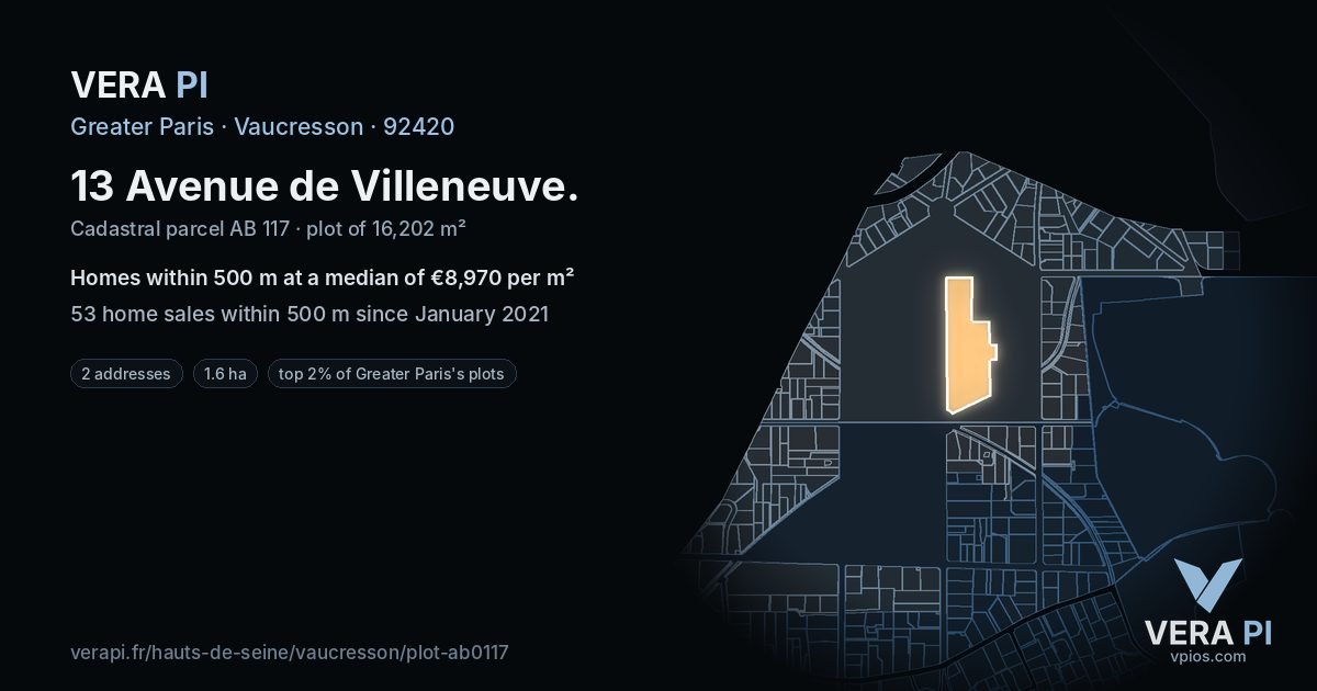 13 Avenue de Villeneuve, Vaucresson at night – the plot lit, the parcels around coloured by the prices near them