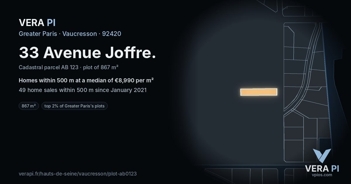33 Avenue Joffre, Vaucresson at night – the plot lit, the parcels around coloured by the prices near them
