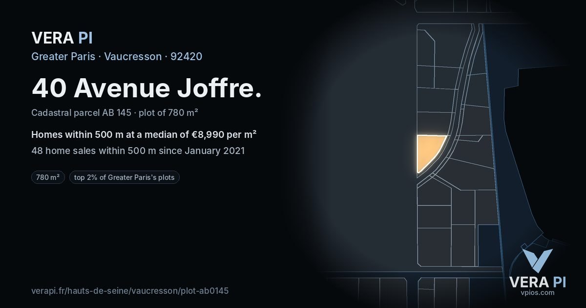40 Avenue Joffre, Vaucresson at night – the plot lit, the parcels around coloured by the prices near them