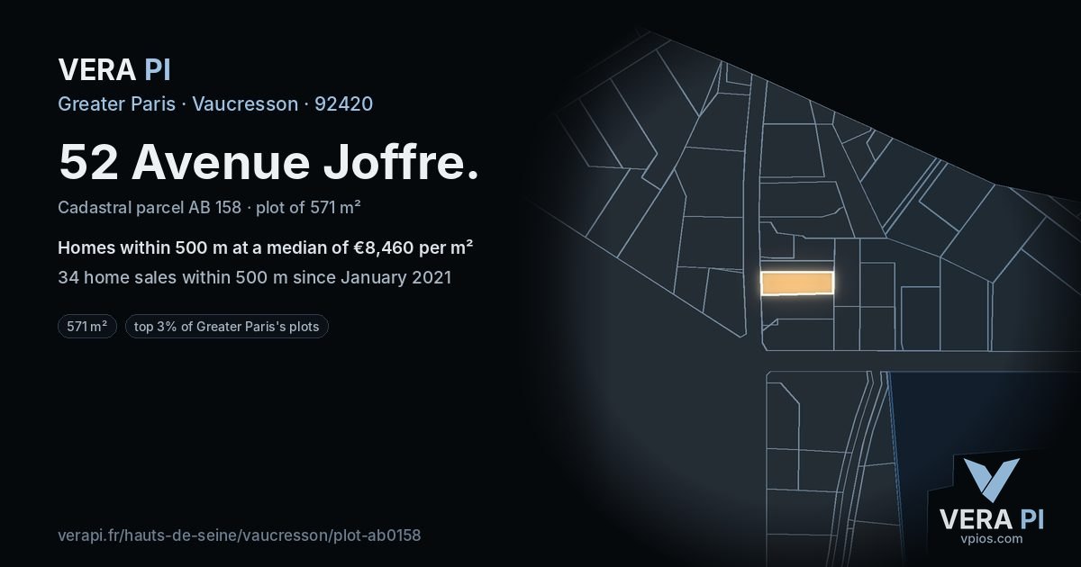 52 Avenue Joffre, Vaucresson at night – the plot lit, the parcels around coloured by the prices near them