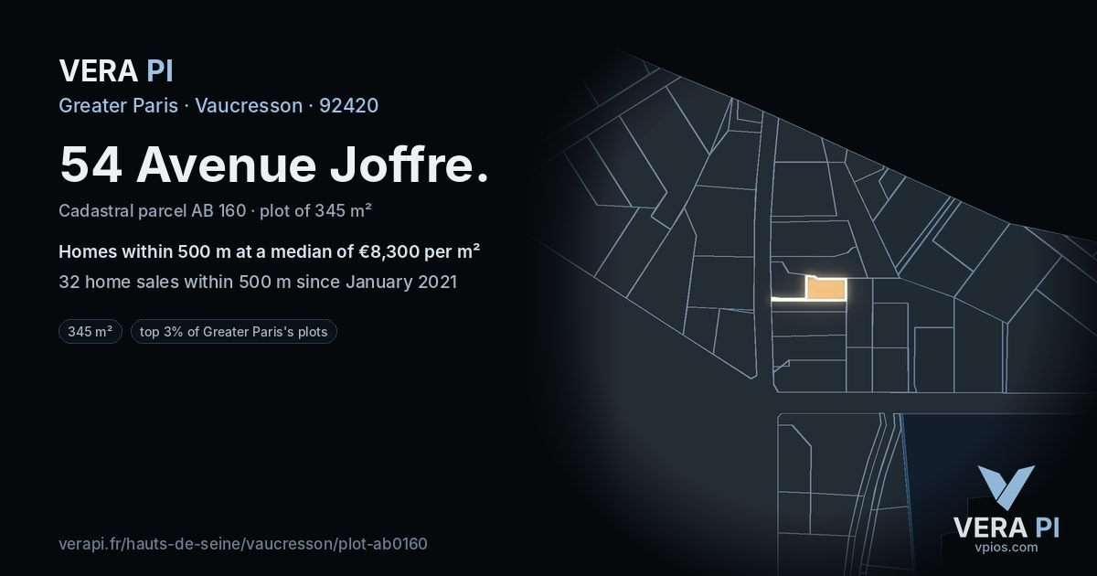 54 Avenue Joffre, Vaucresson at night – the plot lit, the parcels around coloured by the prices near them