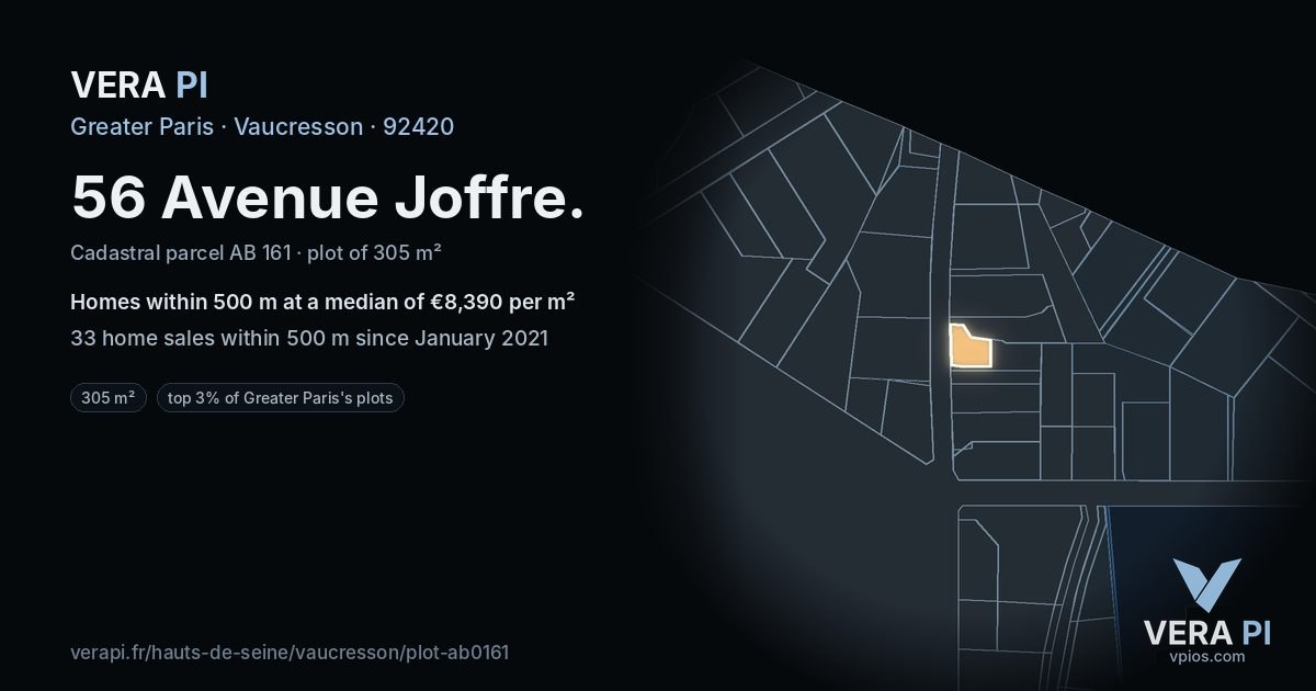 56 Avenue Joffre, Vaucresson at night – the plot lit, the parcels around coloured by the prices near them
