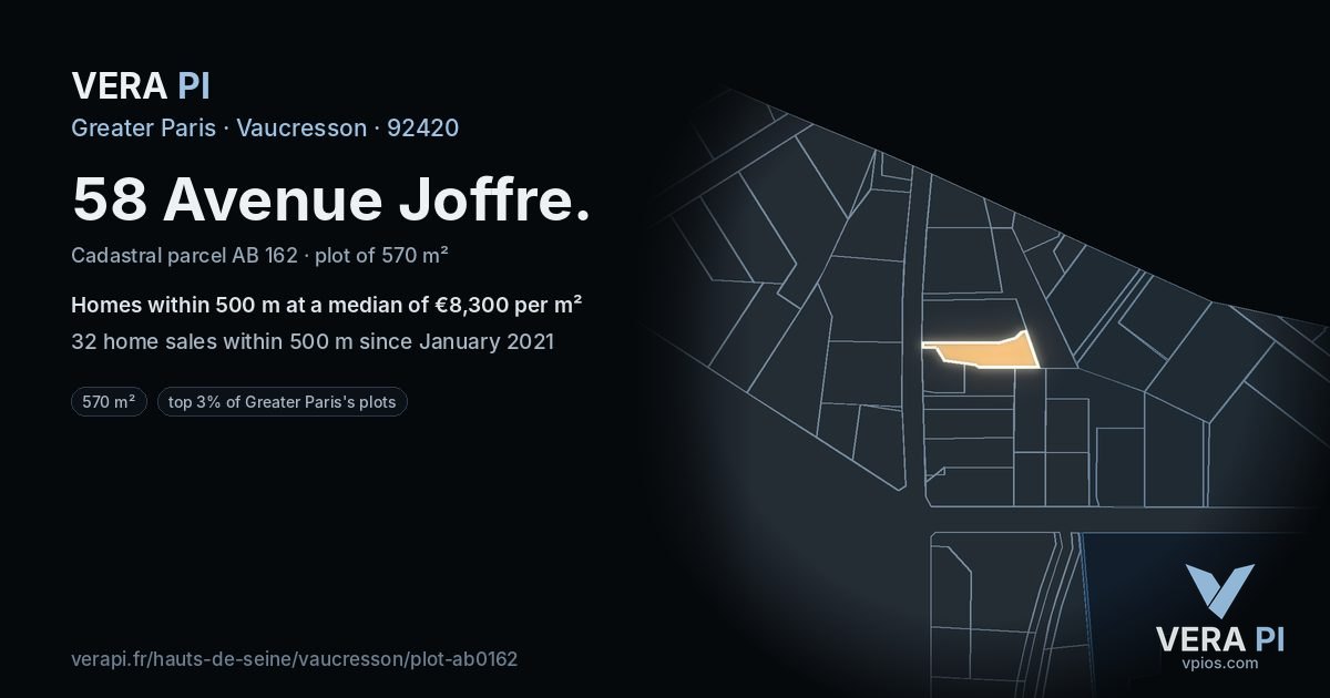 58 Avenue Joffre, Vaucresson at night – the plot lit, the parcels around coloured by the prices near them